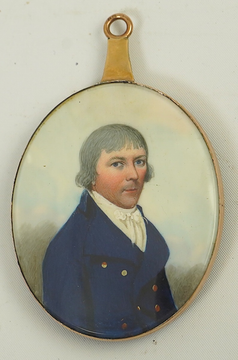 Frederick Buck (1771-1840), Miniature portrait of Sir Broderick Chinnery Bart M.P. (1742-1808), watercolour on ivory, 6.5 x 5.3cm, gold frame with hairwork back CITES Submission reference NQ7D4VC2